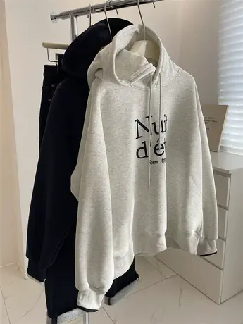 韩系字母印花加绒连帽卫衣女！冬加厚摇粒绒宽松套头帽衫休闲上衣图片