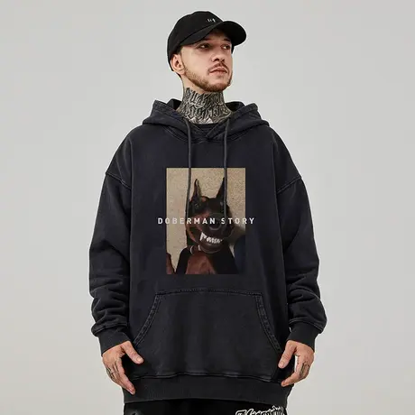 大码连帽美式重磅复古胖子男装宽松水洗做旧卫衣加绒加厚春秋冬季图片