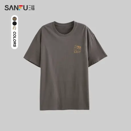 三福2023夏男士都市休闲圆领短袖  简约宽松T恤醒狮线条次感设计商品大图