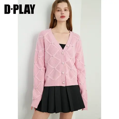 DPLAY2023冬节日氛围感羊毛粉色格纹闪钻千金风宽松针织开衫外套商品大图