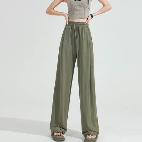 断码清仓不退不换军绿色铜氨丝阔腿裤女高腰垂感直筒休闲裤冰丝裤商品大图