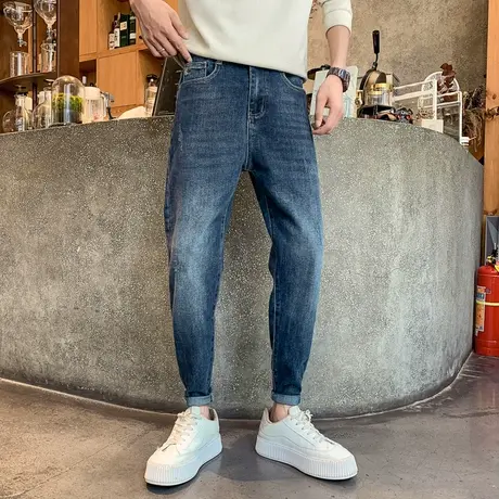 休闲牛仔裤2023秋季新款宽松小脚复古痞帅哈伦裤水洗蓝色弹力修身商品大图
