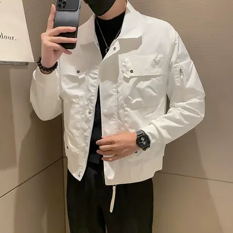 潮牌立领夹克男士上衣2023春秋季新款纯色冲锋衣休闲工装痞帅外套商品大图