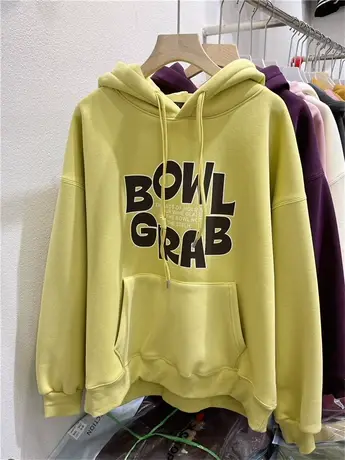 2024秋冬新款韩版宽松百搭字母印花加绒加厚连帽衫套头长袖卫衣女商品大图