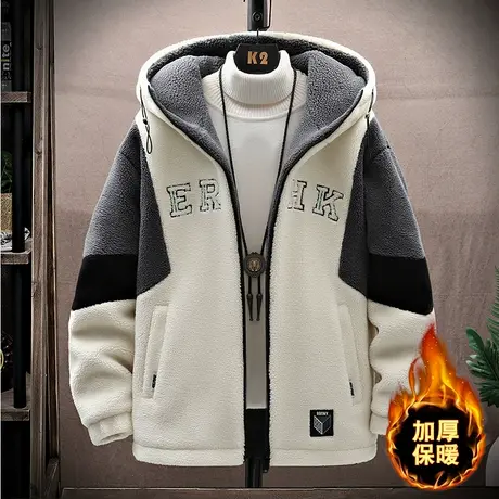 棉毛绒外套男冬季宽松潮流青少年初中学生夹棉加厚颗粒绒男士夹克商品大图