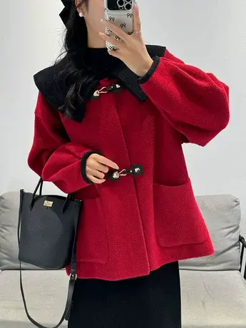 欧洲站撞色娃娃新款小个子仿水貂绒外套显瘦设计牛角口宽松外套潮商品大图