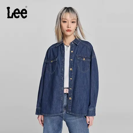 Lee商场同款24早春新品舒适版3D金色纽扣中深蓝色女长袖牛仔衬衫图片