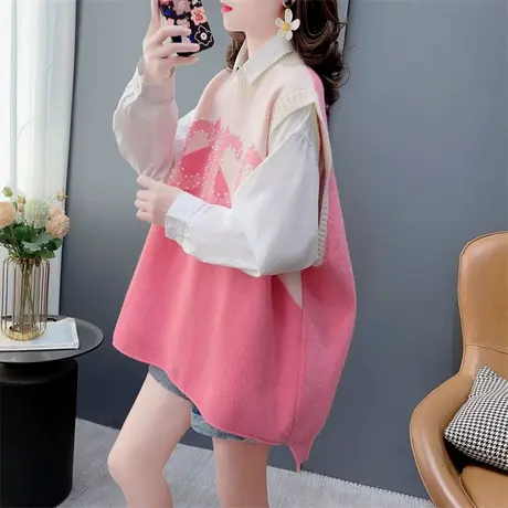 设计感拼色钉珠甜美针织马甲背心女春季宽松洋气减龄无袖坎肩上衣商品大图