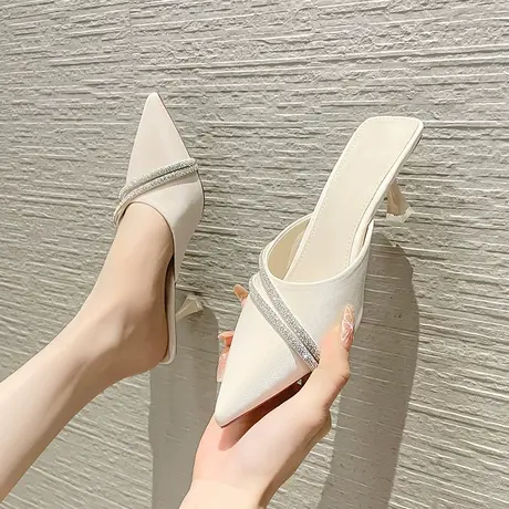 尖头高跟鞋女细跟2024年春季新款水钻包头半拖鞋法式少女外穿凉拖图片