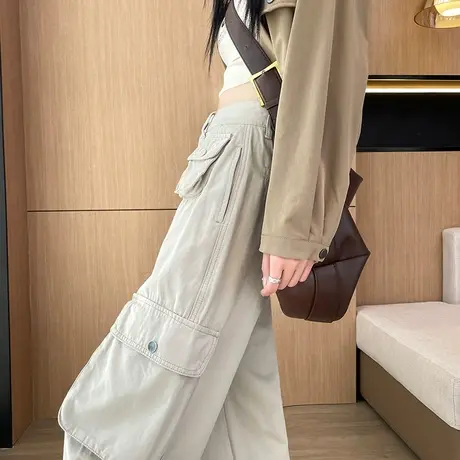 高街美式复古工装牛仔裤女春秋新款多口袋高腰直宽松筒阔腿拖地裤商品大图