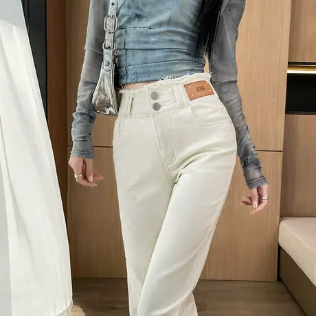 米白色牛仔裤女2024年春季新款高腰垂感毛边宽松直筒微喇拖地裤子商品大图