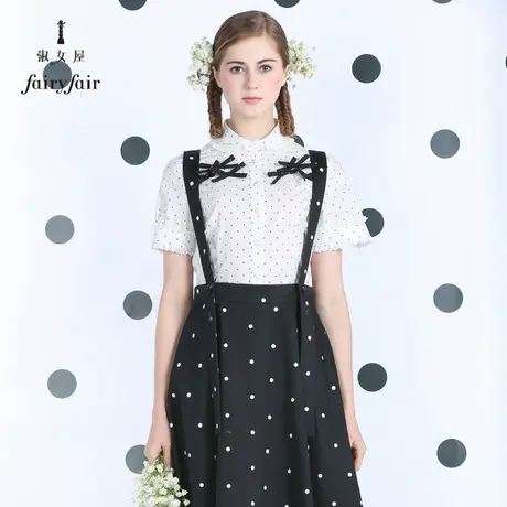 淑女屋夏装新款polo翻领蝴蝶结短袖波点衬衣绣花装饰衬衫女图片