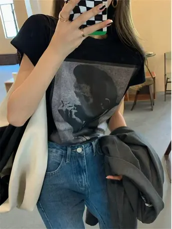 2024夏季新款港风bf宽松显瘦图案印花圆领短袖T恤女半袖百搭上衣商品大图