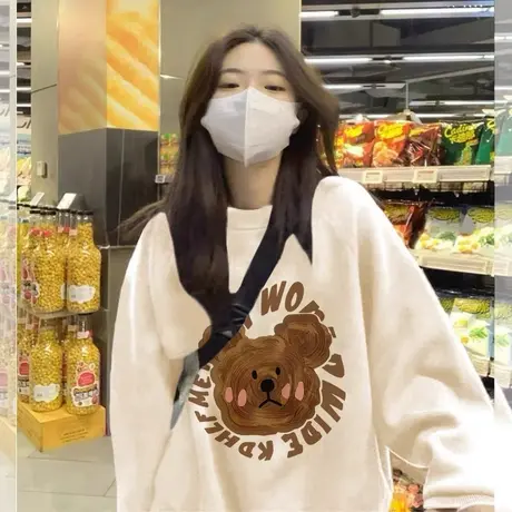 杏色圆领卫衣女春秋薄款小众设计感慵懒风宽松oversize长袖上衣潮图片