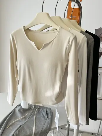 设计感小V领带胸垫打底衫女春秋韩版修身短款收腰显瘦内搭长袖T恤商品大图