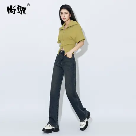 纳米蓝弹力高腰牛仔直筒裤女皱褶垂感时髦拖地裤显瘦百搭阔腿裤潮商品大图