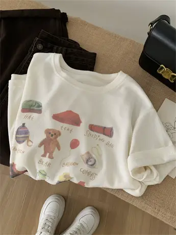 奶杏色趣味涂鸦毛巾棉圆领T恤女宽松休闲减龄百搭软糯短袖上衣春图片