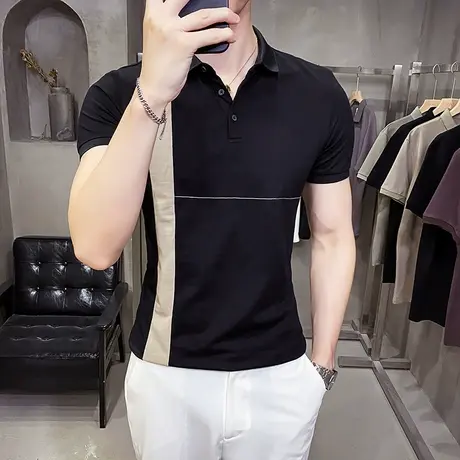 夏天冰丝珠地翻领T恤男短袖条纹撞色时尚套头商务通勤半袖POLO衫图片