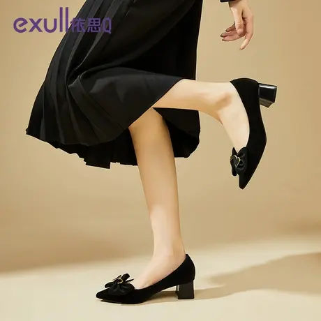 依思q2023新款蝴蝶结尖头中跟粗底单鞋秋季小个子通勤秋冬季女鞋商品大图