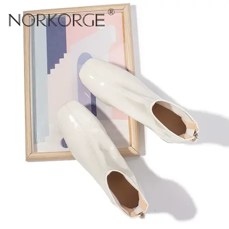 2023新款秋小香风复古亮面白色瘦瘦弹力靴女靴方头粗跟高跟鞋短靴商品大图