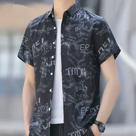 短袖衬衫男冰丝夏季薄款印花休闲衬衣男士宽松潮牌青少年帅气寸衫商品大图