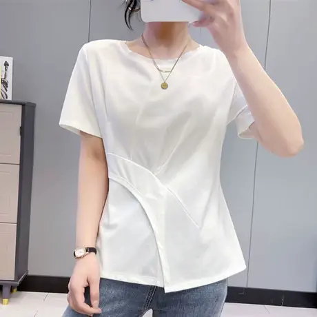2023新款白色纯棉圆领短袖上衣女设计感小众夏装修身开叉t恤ins潮图片