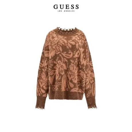 GUESS23新秋女小众设计感流苏圆领印花针织毛衣美拉德穿搭打底衫图片