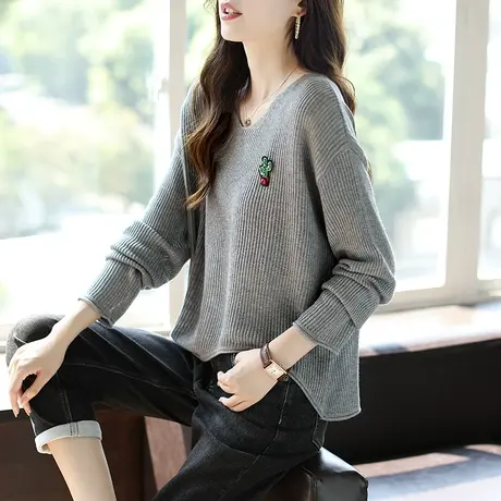 宝诗黎短款慵懒新款毛衣女长袖提花针织衫秋季2023纯色设计感上衣商品大图