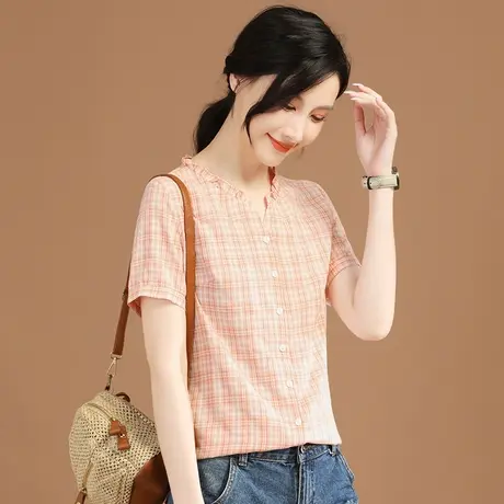韩潮袭人立领格子衬衫女设计感小众别致上衣2023夏装新款短袖衬衣商品大图
