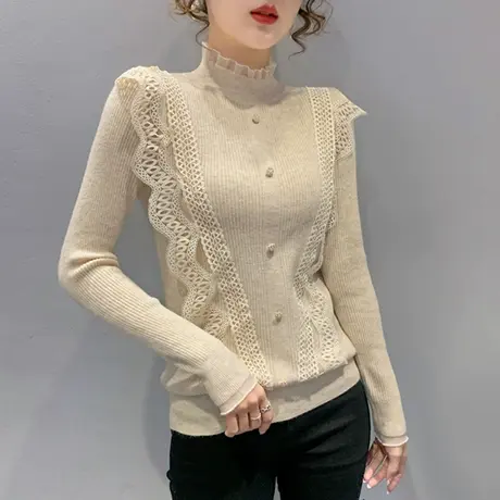 半高领毛衣女蕾丝修身打底衫2023秋冬新款套头外穿针织衫内搭上衣商品大图