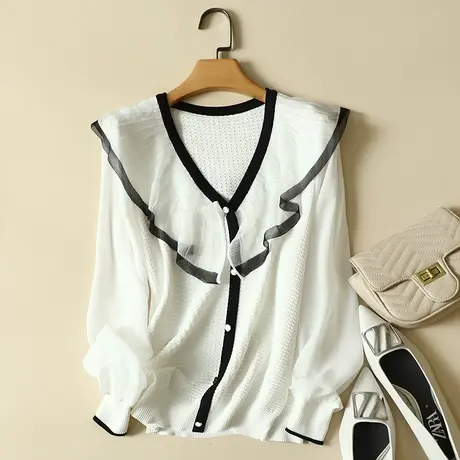 秋装2023年新款雪纺袖冰丝针织假开衫女宽松上衣洋气蕾丝打底衫女图片