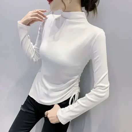 半高领加厚打底衫女春秋ins收腰内搭上衣不规则开叉抽绳T恤女长袖商品大图