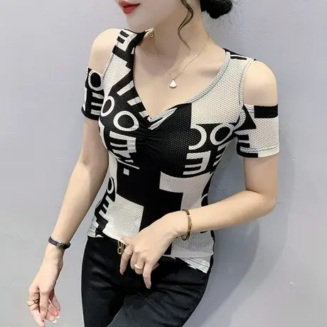 时尚印花露肩T恤女短袖洋气V领网纱小衫个性设计感修身上衣ins潮商品大图