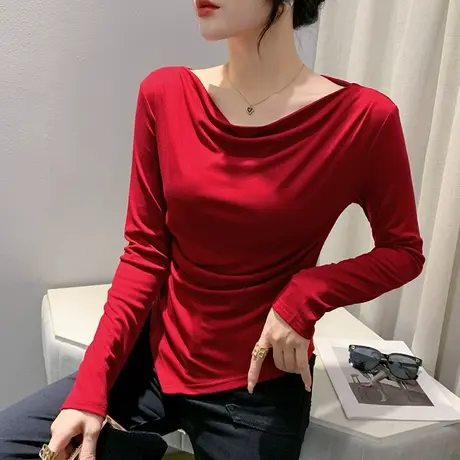 欧货不规则开叉上衣女长袖秋装时尚一字领网红T恤收腰百搭打底衫图片