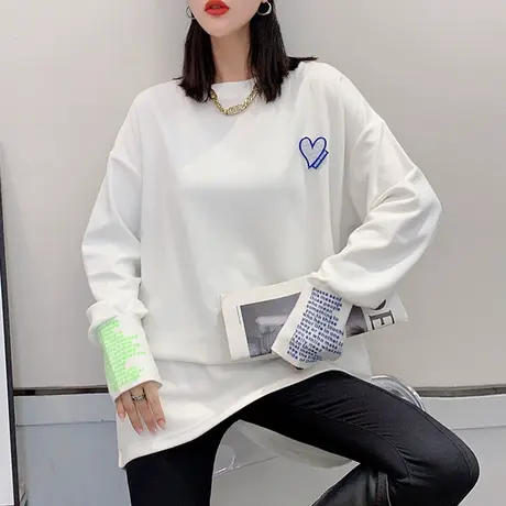 白色加厚卫衣女秋冬韩版休闲中长款打底衫保暖外套宽松长袖上衣潮图片