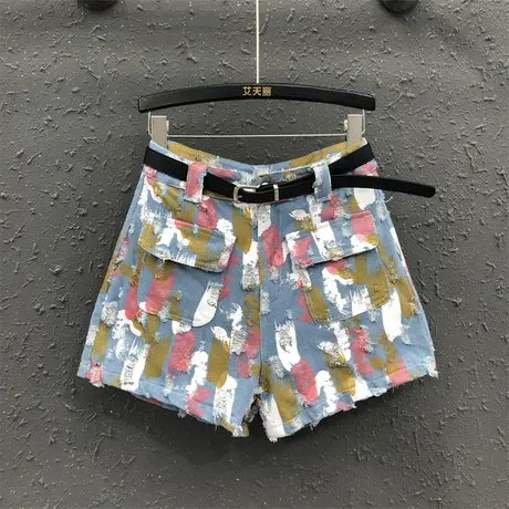 2023夏新款时尚多彩喷绘破洞设计牛仔短裤女高腰显瘦A字阔腿热裤商品大图