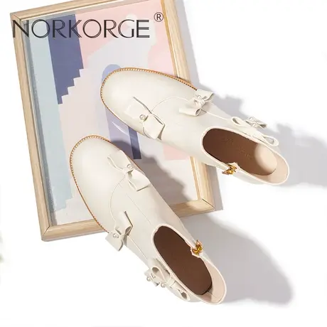 原创新款手工ins风温柔学院米白色短靴真皮粗跟高跟鞋瘦瘦靴短靴商品大图