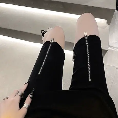 黑色开叉拉链紧身运动短裤女高腰显瘦薄款五分裤夏季休闲骑行裤子商品大图