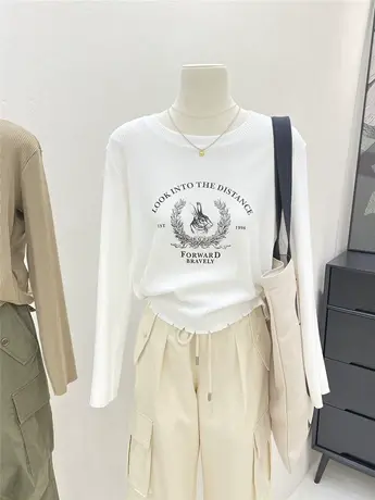 早秋2023新款韩版百搭宽松显瘦洋气兔子印花长袖t恤女打底ins上衣商品大图