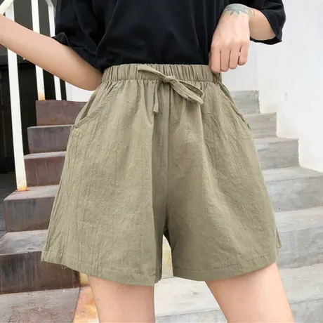 棉麻运动短裤女2023新款夏季薄款韩版宽松高腰亚麻休闲阔腿五分裤图片