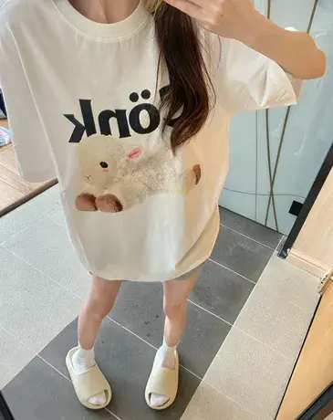 小羊印花网红ins超火100%纯棉短袖t恤女小众设计感宽松半袖上衣夏图片