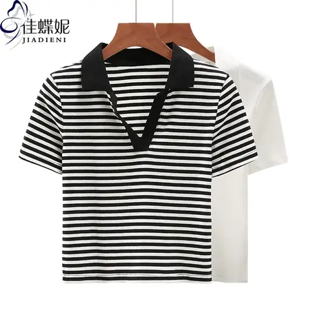 夏季新款韩版翻领修身纯白纯色短款条纹短袖体恤上衣内搭女打底衫商品大图