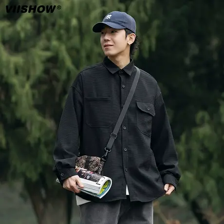 VIISHOW日系复古简约华夫格长袖衬衫男潮牌纯色宽松休闲工装外套商品大图