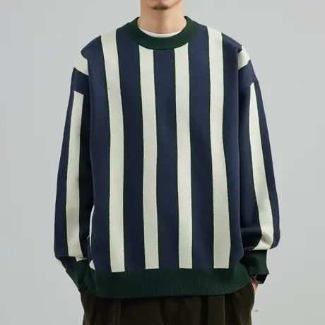 奕飏条纹撞色韩版毛衣男士2022秋冬新款潮流宽松针织衫英伦风毛衫图片