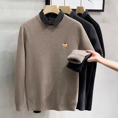 一体绒秋冬季新款假两件毛衣男修身刺绣衬衫领男士加厚打底针织衫商品大图