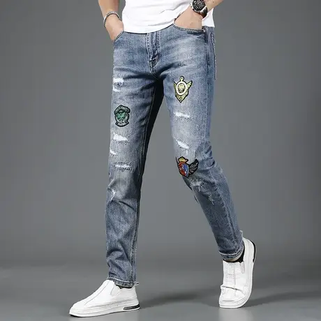 2023新款破洞牛仔裤男修身小脚夏季薄款高街潮牌个性青年男士裤子图片