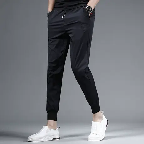 2023夏季新款黑色裤子男休闲裤冰丝薄款修身束脚松紧腰男生裤子商品大图