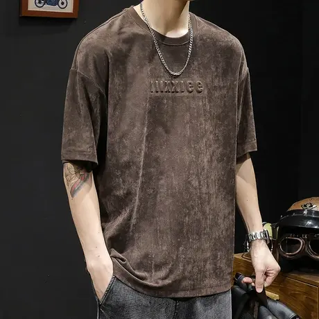 麂皮绒短袖t恤男士潮牌大码夏季2023新款衣服男款纯棉男装体恤商品大图