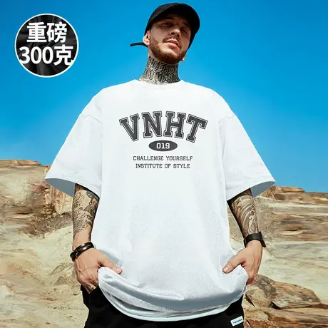 重磅美式字母印花短袖t恤街头加肥加大码黑色圆领纯棉简约半袖男商品大图