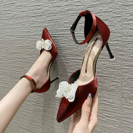 一字带蝴蝶结高跟鞋女细跟2022年夏季新款气质百搭尖头新娘结婚鞋图片